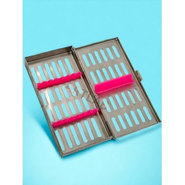 Autoclave Tray Rack Box Cassette for Dental Instruments Fits 7 Instruments - Features Removable Silicone Inserts - German Stainless Steel CE (Pink)