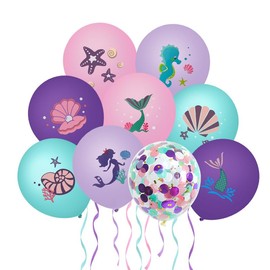 Mermaid Theme Party Balloons Set, 9 Latex Balloons with Confetti, Purple Pink Turquoise Decorations