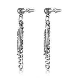 WCRAZYE Feather Earrings for Men Women 316L Surgical Stainless Steel Crystal Feather Chain Tassel Dangle Drop Earrings Punk Hip Hop Vintage Feather Drop Earrings Party Birthday Jewelry (Silver white crystal chain)