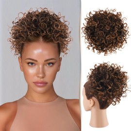 Sidaila Messy Bun Hair Piece Curly Bun Hair Pieces for Women Drawstring Ponytail Loose Wavy Hair Buns Hair Piece Short Ponytail Extension Tousled Fake Hair Bun for Black Women - Black Mix Brown Ombre