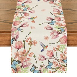 Artoid Mode Flowers Bird Butterfly Spring Table Runner, Seasonal Kitchen Dining Table Decoration for Home Party Decor 13x48 Inch