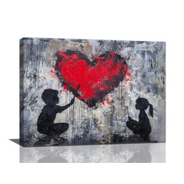 Banksy Wall Art Boys And Girls Heart Pictures Street Graffiti Canvas Wall Decor Vintage Aesthetic Kids Painting Pop Modern Artwork Decorations Framed for Living Room Bedroom Bathroom Office 16x12inch