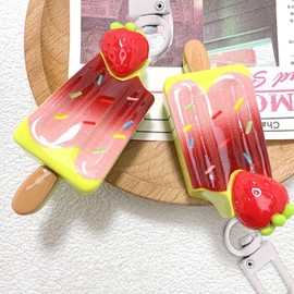 YUHUANLAN Cute Ice Cream Keychain for Backpacks, Kawaii Dessert Charms, Keyring for Women Girls, Gift for Friend (strawberry)