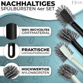 Nictario Recycled Washing Up Brush [Set of 4] with Nylon Bristles and Scraper - Dishwasher Safe Washing Up Brush in Premium Quality - Hygienic Kitchen Brush (2 x Light Grey / 2 x Anthracite, Oval)