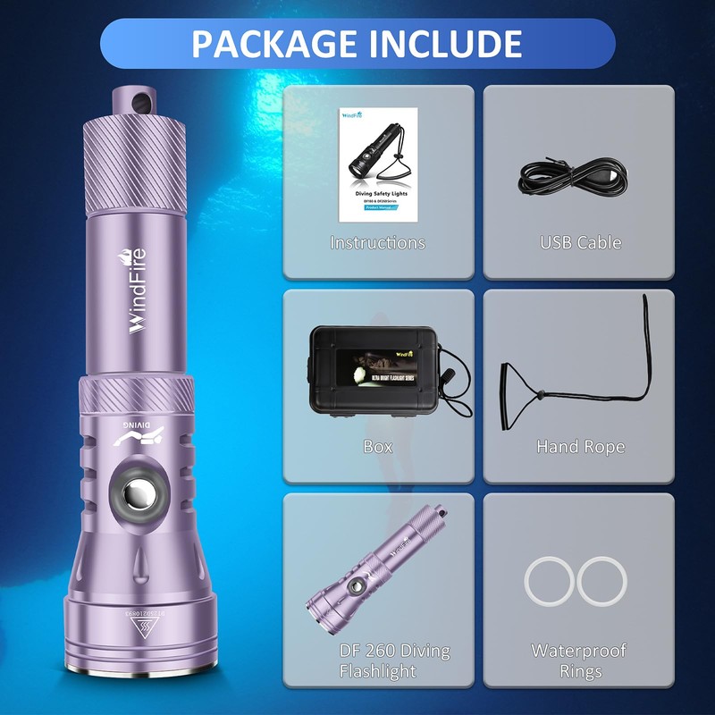 WINDFIRE Dive Light, High-Powered Rechargeable Scuba Flashlight with Power Indicator,