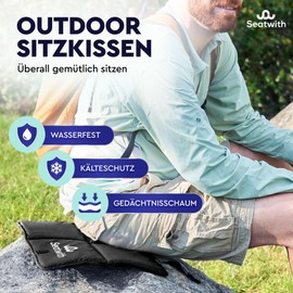 Seatwith® Memory Foam Seat Cushion Outdoor - Heat and Extreme Comfort with Outdoor Seat Cushion Weatherproof (45 x 35 cm) - Thermal Seat Cushion Outdoor Foldable for Camping, Stadium and Hiking