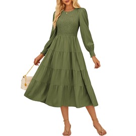 Dresses for Women 2025 Elegant Classy Midi Dress Elegant A-Line Dress Long Sleeve Tiered Dresses with Pockets Army Green L