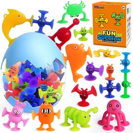Baby Bath Toys, 32 PCS Suction Cup Toys with Eggshell Storage, Window Toys, Fidget Toys, Travel Toys, Building Toys for 3 4 5 6 Year Old Boys Girls