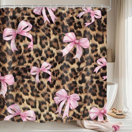 LIGHTINHOME Pink Bow Leopard Print Shower Curtain 60Wx72H Inches Girly Preppy Modern Fruit Fashion Pretty Sweet for Girls Cloth Fabric Waterproof Polyester Bathroom Home Decor Set with Hooks