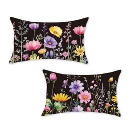 ONWAY Spring Summer Pillow Covers 12x20 Inch Set of 2 Floral Colorful Flowers Decorations Farmhouse Living Room Outdoor Cushion Case for Sofa Couch Home Bed Black