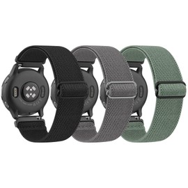 Amzpas Pack of 3 Wristbands for Garmin Vivoactive 5/Vivoactive 3/Vivomove 3/HR/Luxe/Style, Nylon, 20 mm, Adjustable Elastic Replacement Wristbands for Garmin Forerunner 55/245/645 (Black/Grey/Green)
