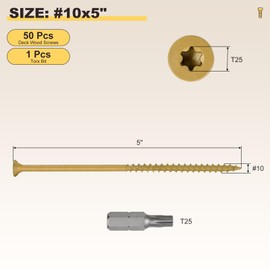 METALLIXITY Deck Screws (#10x5) 50Pcs, Carbon Steel Wood Screw Decking Screws with T25 Torx Drive Head - for Wood Fence, Table, Chairs, Tan