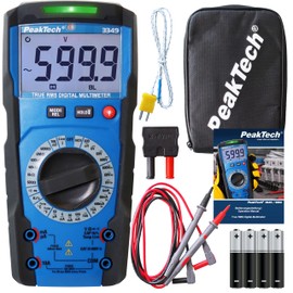 PeakTech 3349 True RMS Digital Multimeter, Manual Range, 6000 Counts, Continuity Tester, Voltage Tester, Multiple Meter, Voltmeter; 10A AC/DC - CAT III 600V, P 3349, Black