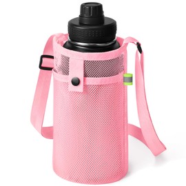 BINSUNS Large Water Bottle Holder with Strap, Mesh Water Bottle Sling Carrier Bag Shoulder Crossbody Strap and Pocket - Traveling Essentials for Beach Walking Sports Hiking Camping (Pink)