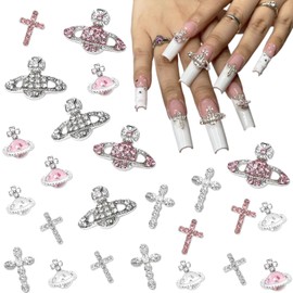 ITPOYOL 32 PCS Planet Nail Charms White Pink Cross Nail Charms for Acrylic Nails 3D Nail Art Supplies Saturn Rhinestones Design Nail Gems Shiny Nail Art Jewels Accessories for Women Nail Decorations