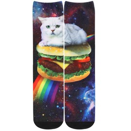 Benefeet Sox Mens Funny Crazy Galaxy Cat Socks Novelty Animal Socks for Women Kids Gifts for Cat Lovers Boys Cool 3D Print Patterned Basketball Tube Socks Funky Casual Crew Socks, Space Cat on Burger