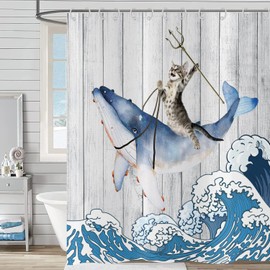 Hnmdmyi Funny Cat Shower Curtain 90x180, Cool Cat Riding Whale with Japan Kanagawa Waves on Rustic Wooden Bathroom Curtains Cute Kids Farmhouse Waterproof Polyester Fabric Washable Bath Curtains