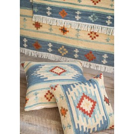 Second Nature Online - Mala Kilim Cushion Cover | Ethnic Throw Pillow Cover | Geometric Pattern Design | Handmade | 80% Wool & 20% Cotton | 70x70 cm (Blue)