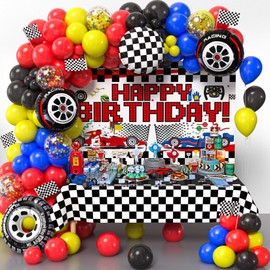 Mishopy 126 Race Car Birthday Party Decorations Wheels Racecar Supplies Boy Red Black Themed Racing Balloons Arch Garland Kit Checkered Flag Backdrop Tablecloth Kids Cars Birthday Decorations Decor
