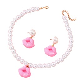 2PCS/Set Pearl Necklace Pink Lip Pendant Necklace Earrings Jewelry Gift for Women
