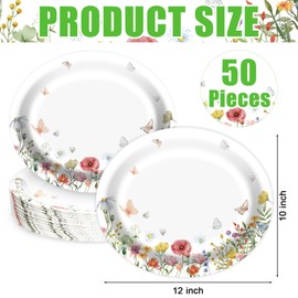 EggSun 50Pcs Spring Flower Oval Plates 10’’x 12’’,Large Floral Disposable Paper Plates,Heavy Duty Flower Plate Tableware for Baby Shower,Mother's Day,Birthday,Wedding,Spring Tea Party Supplies