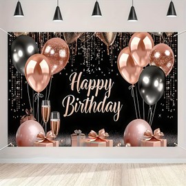 BlissYard Rose Gold and Black Happy Birthday Banner Backdrop Large Happy Birthday Glitter Balloons Photo Booth Photography Background Banner Supplies for Girls Women Birthday Party