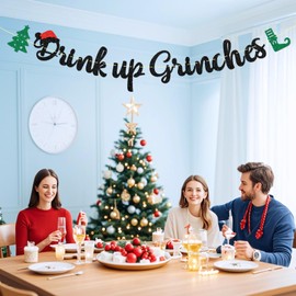 Christmas Sign Drink Up Grinches Banner, Black Glitter Merry Christmas Party Holiday Party Decorations Home Decor