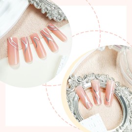 RUOKEXIN Long Press on Nails Square Fake Nails Nude False Nails with Silver Lines Designs Long Square Nail Press ons Long Glue on Nails Sparkly Artificial Nails Cute Stick on Nails for Women 24Pcs