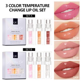 3PCS Color Changing Lip Oil Set,Magic Color Changing Lip Gloss Big Brush Head Long Lasting Moisturizing Smooth Non-Sticky Transparent Plumping Lip Glow Oil for Lip Care and Dry Lips(Set A)