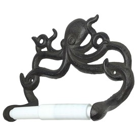 Octopus Toilet Paper Roll Holder – Cast Iron Decorative Wall Mount – Distressed Nautical Finish with Mounting Hardware (Marine Dark Brown)