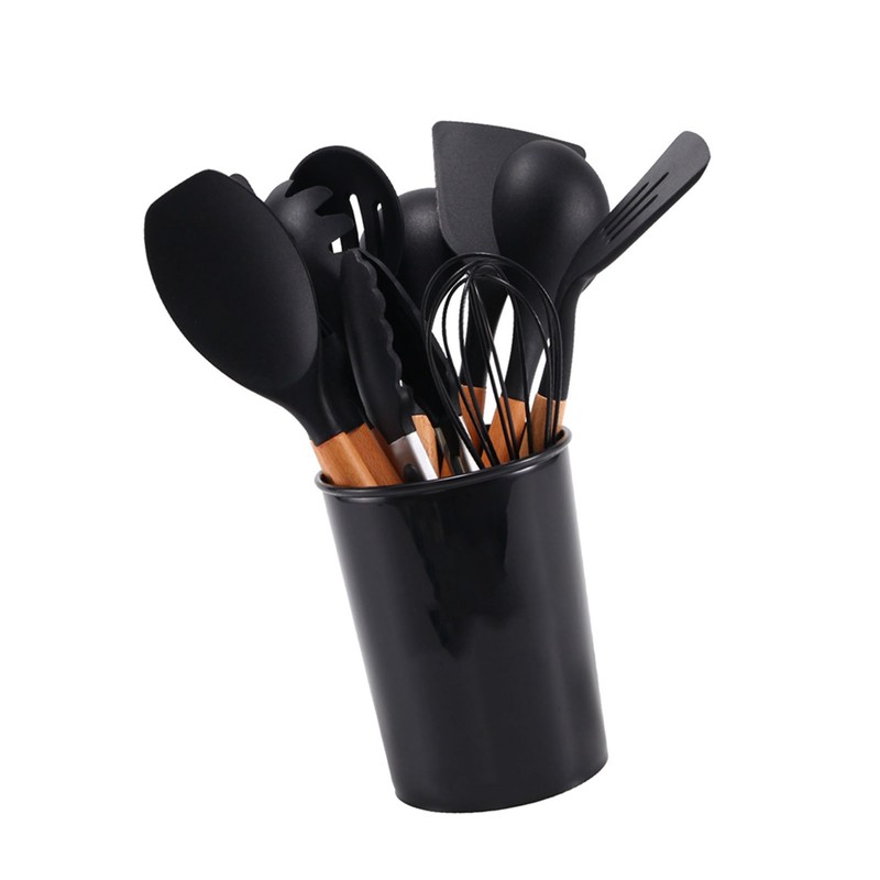 11 Pcs Silicone Kitchenware Set Heat Resistance Wooden Handle Kitchen