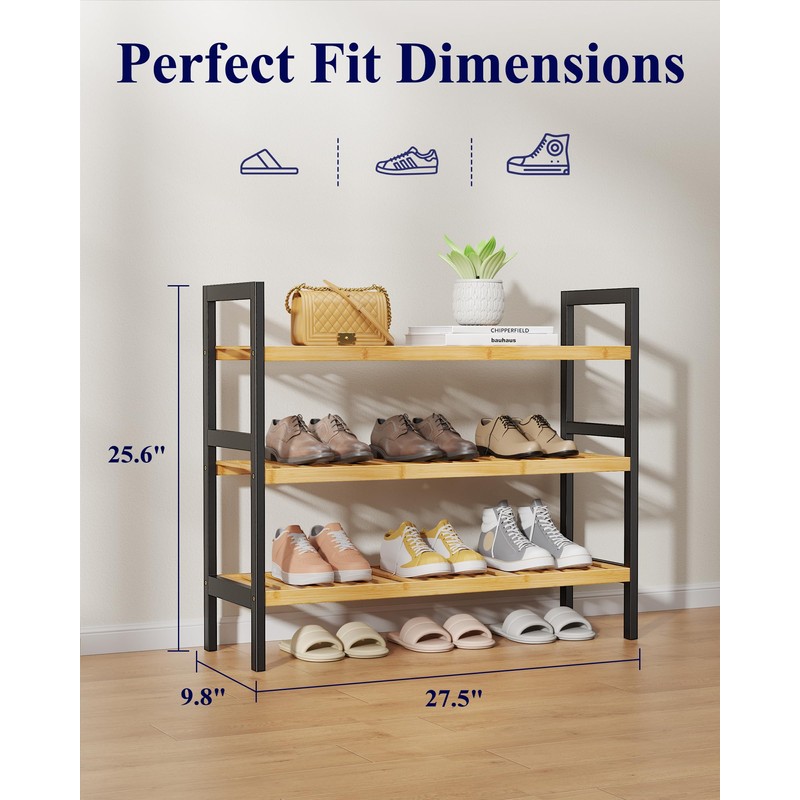 Bamboo Shoe Rack for Entryway, 27.5" x 9.8" x 25.6",