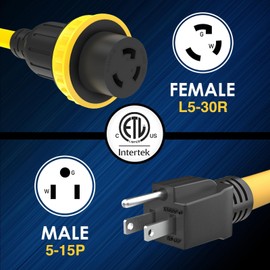 Marine & RV 30 amp to 110 Adapter 30Amp to 15 Amp 5-15P Male to L5-30R Female with Twist Locking and Handle RV Boat Shore Power dogbone Plug