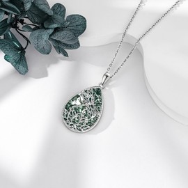 YAFEINI Moss Agate Chain Sterling Silver Dragonfly Lotus Pendant Necklace Gemstone Jewellery Gift for Women