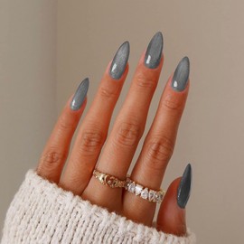 KKUUOO Press on Nails Medium Almond Fake Nails Gray False Nails with Glitter Design Full Cover Gradient Acrylic Nails Jelly Press on Nails Glossy Stick on Nails for Women and Girls 24Pcs