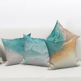 Beach Pillow Covers 18x18 Inch, Teal Ocean Throw Pillow Covers Summer Decorative Linen Cushion Cases for Sofa Couch Car, Set of 4 (No Inserts)