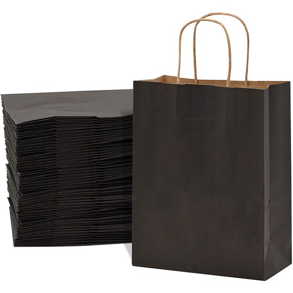 Black Paper Bags with Handles - 8X4X10 inches 400 Pcs. Paper Shopping Bag, Bulk Gift Bags, Party Bags, Favor Bags, Goody Bags, Take-Out Bags, Merchandise Retail Bags, 80% PCW Cub Size