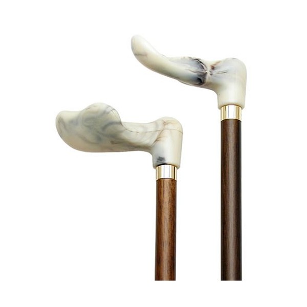 Walking Cane-White marbleized right hand. This wooden cane has a palm grip molded handle good for those with arthritis problems. This walking stick cane has a 36 inches long hardwood shaft. This walking aid hast a weight capacity of 250 pounds.