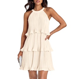 ZESICA Women's 2024 Summer Halter Dresses Sleeveless Ruffle Tiered Layered Chiffon Pleated A Line Swing Mini Dress,Apricot,Small