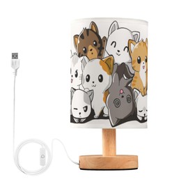 YYZZH Table Lamp Cute Cartoon Cat Kitten Kitty Nightstand Lamp with Wood Base Fabric Lamp Shade Bedside Desk Lamp for Living Room Bedroom Kids Room Office