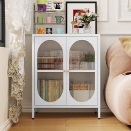 Fumedo Small 2 Transparent Door Metal Storage Side Buffet Cabinet for Bed Room,Living Room,Entryway,Hallway,Home,Hotel,Office,Garage,Kitchen,1 Removable Shelf. (Transparent Door, White)