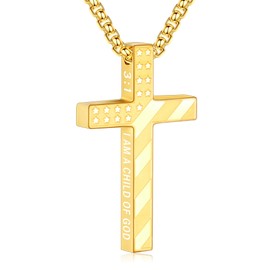 Lydow Cross Necklace for Men Boys Gold American Flag Bible Verse Stainless Steel Pendant Religious Christian Jewelry Gifts Teen Son Him 8-12 Confirmation First Communion Baptism Catholic 3:1