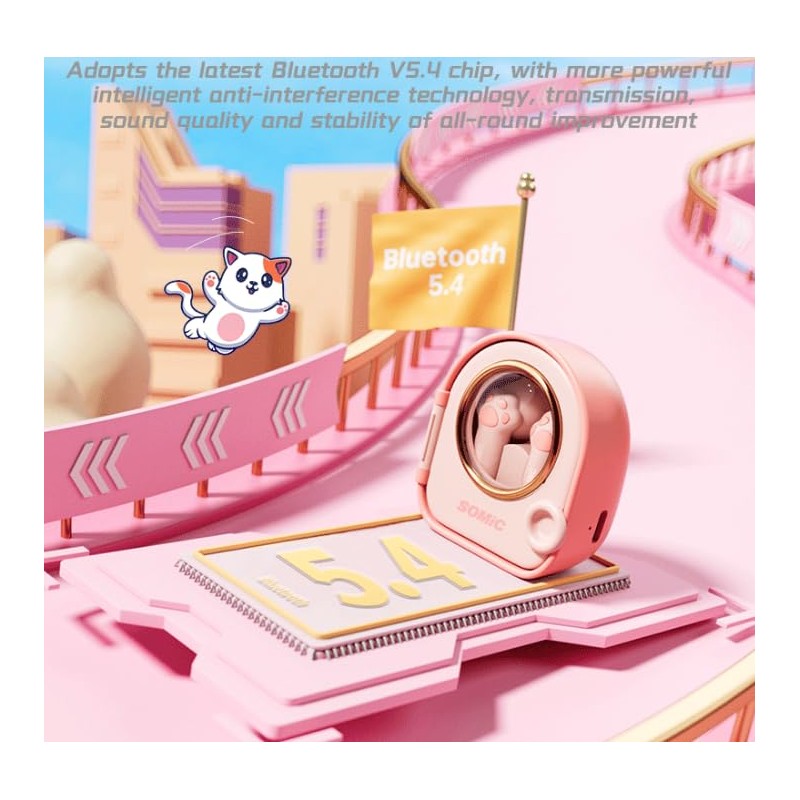 Cute Cat Claw Bluetooth5.4 Earphones, Wireless Earphones with 0.06s Low