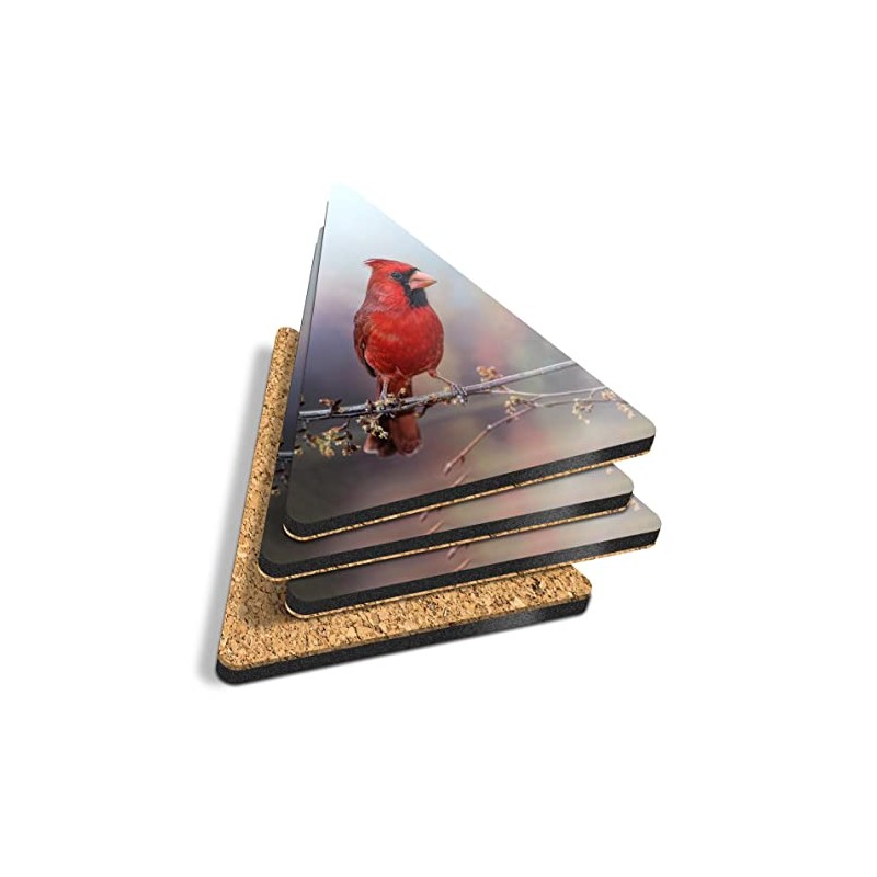 4 x Triangle Coasters - Red Northern Cardinal Bird Cork