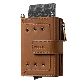 VULKIT Men's Mini Wallet with Zip Coin Compartment, Aluminium Case, Card Slider, RFID Protected and Note Compartment, for Max. 10 Cards, brown, Minimalist