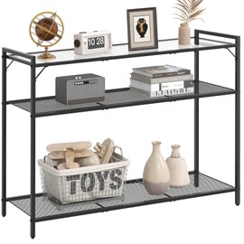 Livofloral 40.6" Narrow Console Table with 3 Storage Shelves, Hallway Table for Entryway, Tempered Glass Console Table, Modern Console Table, Sturdy Sofa Table Behind Couch, Easy Assembly, Black