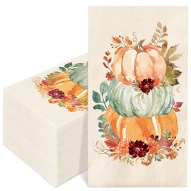 Whaline 100Pcs Fall Pumpkin Guest Napkins Watercolor Autumn Floral Leaves Disposable Paper Napkin Rustic Dinner Hand Napkin for Thanksgiving Harvest Bathroom Supplies