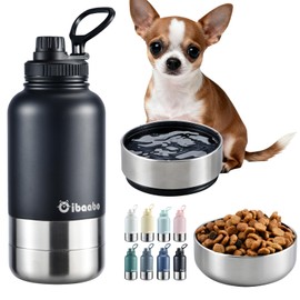 Cibaabo Insulated Dog Water Bottle with 2 Bowls, 32oz Travel Stainless Steel Double Wall Thermos, Portable Pet Dispenser, Gifts for Puppy Small Medium Dogs Walking Hiking and Camping