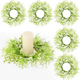 6 Pcs Mini Baby Breath Candle Rings Wreaths Gypsophila Pillar Holder Wreath Artificial Flower Spring Summer Floral Wreath for Wedding Farmhouse Porch Cabinets Table Decoration