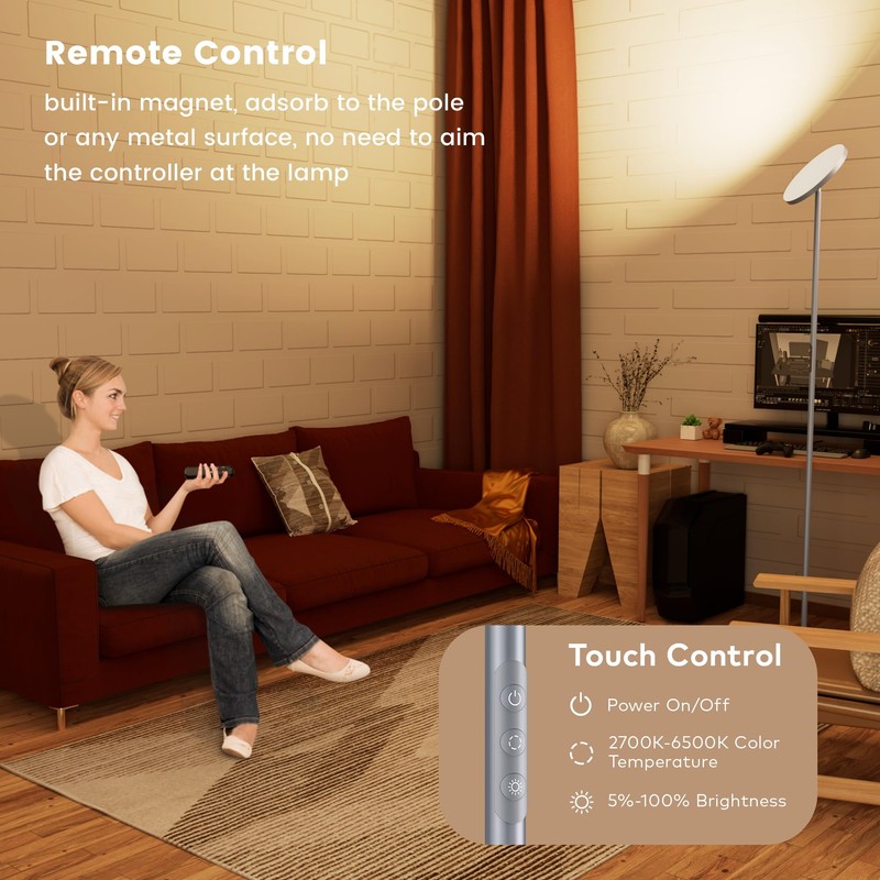WOWLUMEN Floor Lamp,Bright 36W 3500LM Standing Lamp with Remote, 2700K